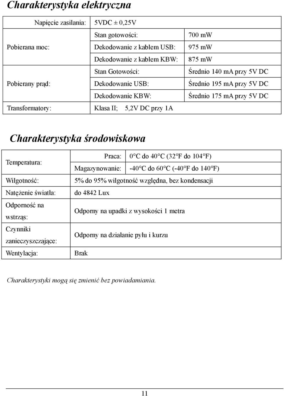 środowiskowa Temperatura: Wilgotność: Natężenie światła: Odporność na wstrząs: Czynniki zanieczyszczające: Wentylacja: Praca: 0 C do 40 C (32 F do 104 F) Magazynowanie: -40 C do 60 C (-40 F