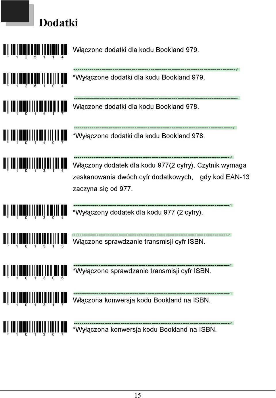 Czytnik wymaga zeskanowania dwóch cyfr dodatkowych, gdy kod EAN-13 zaczyna się od 977. *Wyłączony dodatek dla kodu 977 (2 cyfry).