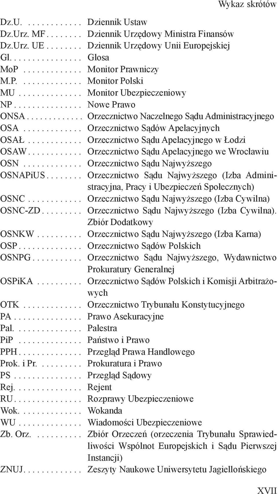 ............ Orzecznictwo Sądów Apelacyjnych OSAŁ............ Orzecznictwo Sądu Apelacyjnego w Łodzi OSAW............ Orzecznictwo Sądu Apelacyjnego we Wrocławiu OSN.