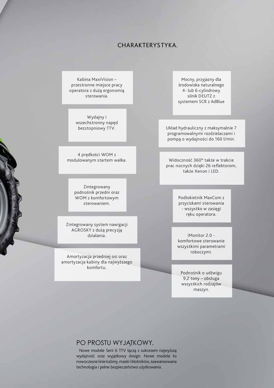 Układ hydrauliczny z maksymalnie 7 programowalnymi rozdzielaczami i pompą o wydajności do 160 l/min. 4 prędkości WM z modulowanym startem wałka.