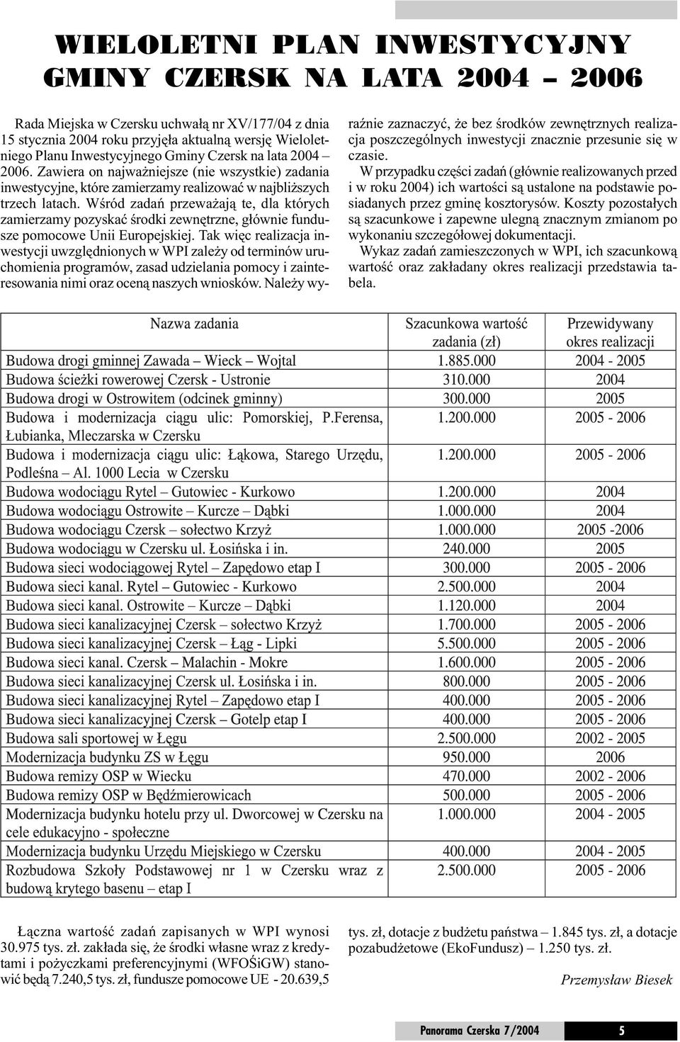 Wœród zadañ przewa aj¹ te, dla których zamierzamy pozyskaæ œrodki zewnêtrzne, g³ównie fundusze pomocowe Unii Europejskiej.