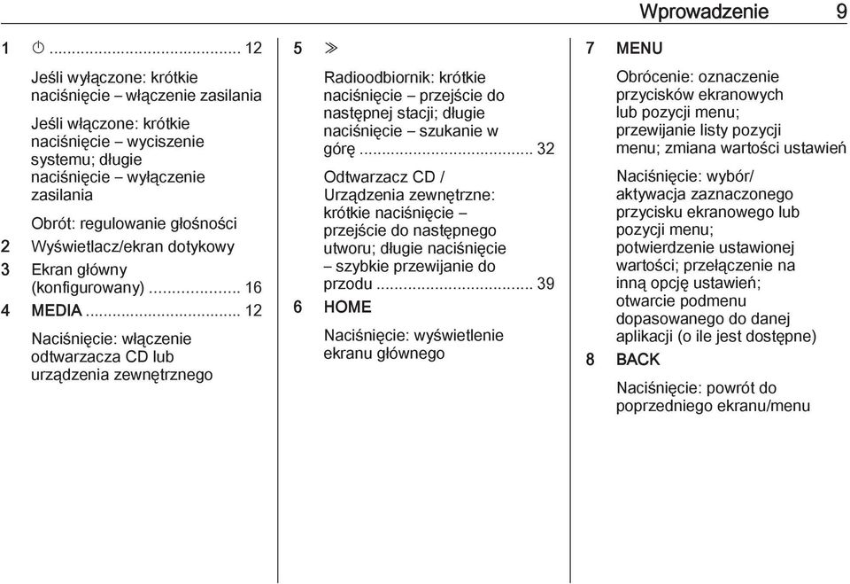 .. 12 Naciśnięcie: włączenie odtwarzacza CD lub urządzenia zewnętrznego 5 Z Radioodbiornik: krótkie naciśnięcie przejście do następnej stacji; długie naciśnięcie szukanie w górę.