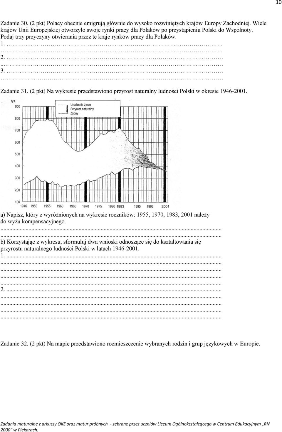 ...... 3....... Zadanie 31. (2 pkt) Na wykresie przedstawiono przyrost naturalny ludności Polski w okresie 1946-2001.