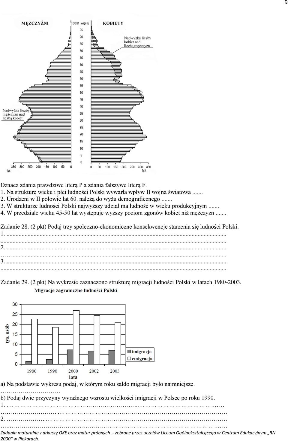 W przedziale wieku 45-50 lat występuje wyższy poziom zgonów kobiet niż mężczyzn... Zadanie 28. (2 pkt) Podaj trzy społeczno-ekonomiczne konsekwencje starzenia się ludności Polski.... 3.