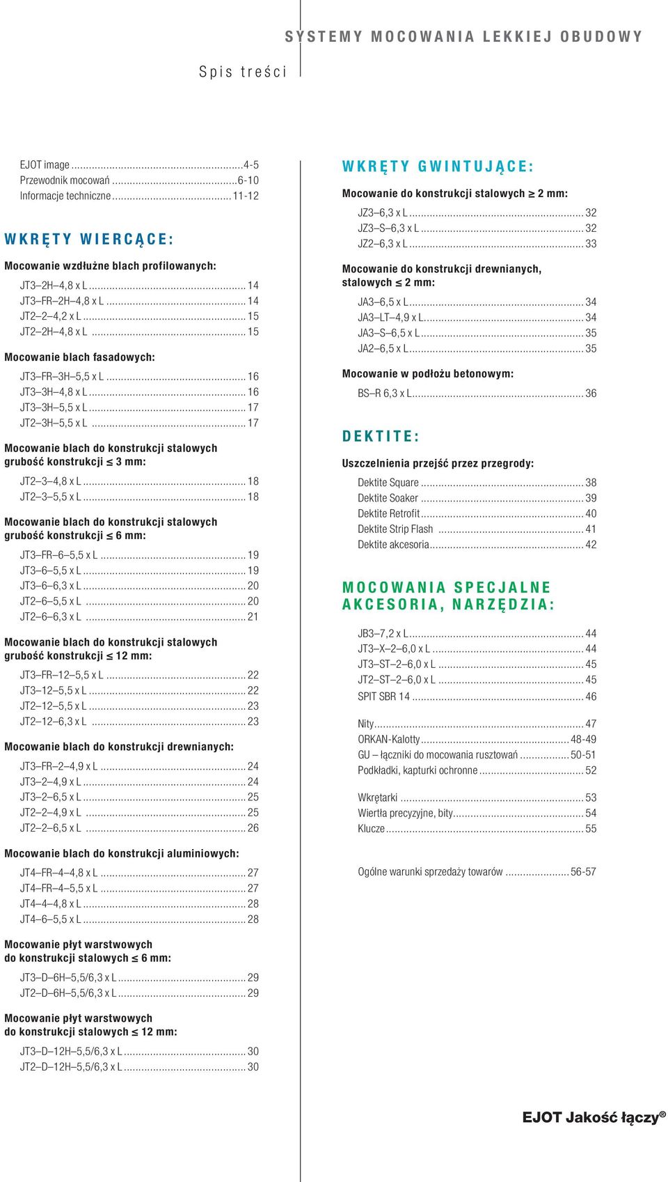 ..17 Mocowanie blach do konstrukcji stalowych grubość konstrukcji 3 : JT2 3 4,8 x L...18 JT2 3 5,5 x L...18 Mocowanie blach do konstrukcji stalowych grubość konstrukcji 6 : JT3 FR 6 5,5 x L.