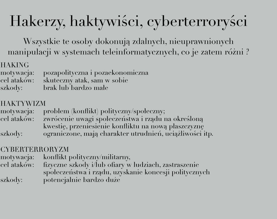 cel ataków: zwrócenie uwagi społeczeństwa i rządu na określoną kwestię, przeniesienie konfliktu na nową płaszczyznę szkody: ograniczone, mają charakter utrudnień, uciążliwości itp.