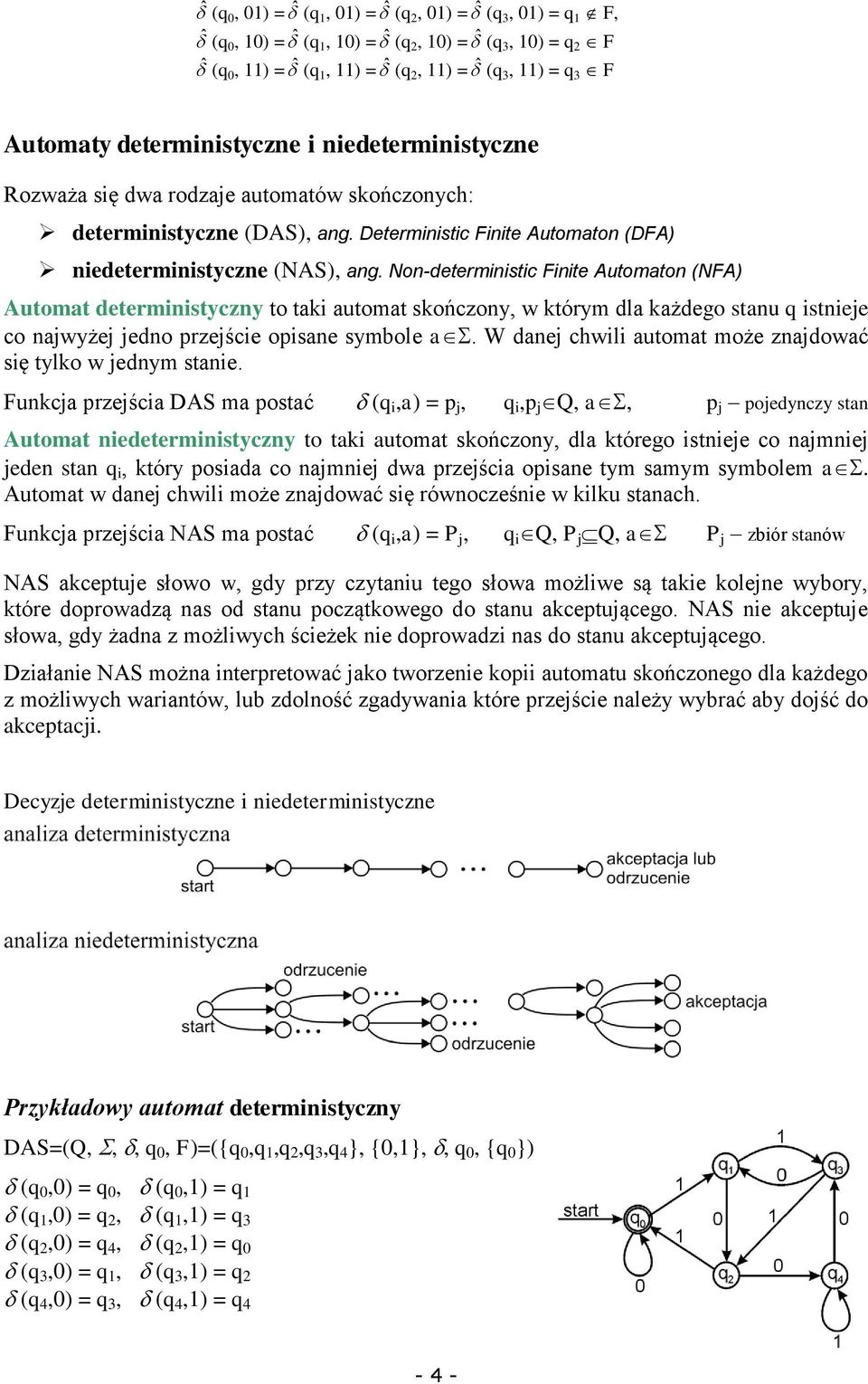 Non-deterministic Finite Automaton (NFA) Automat deterministyczny to taki automat skończony, w którym dla każdego stanu q istnieje co najwyżej jedno przejście opisane symbole a.