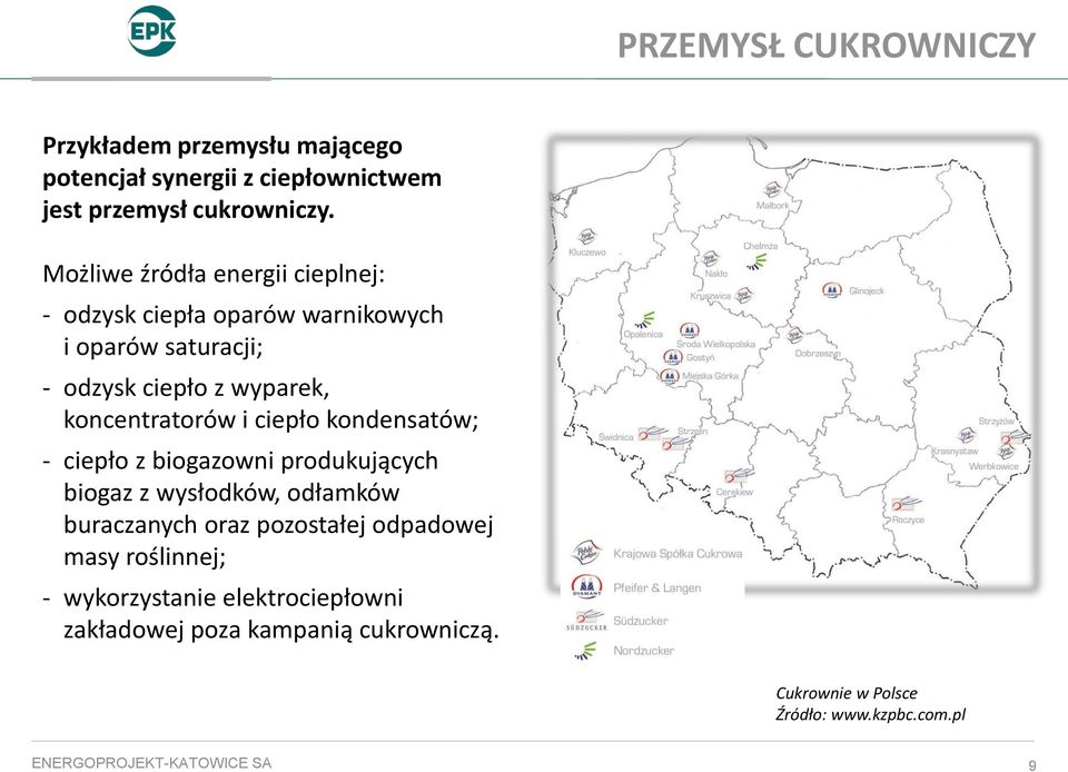 koncentratorów i ciepło kondensatów; - ciepło z biogazowni produkujących biogaz z wysłodków, odłamków buraczanych oraz