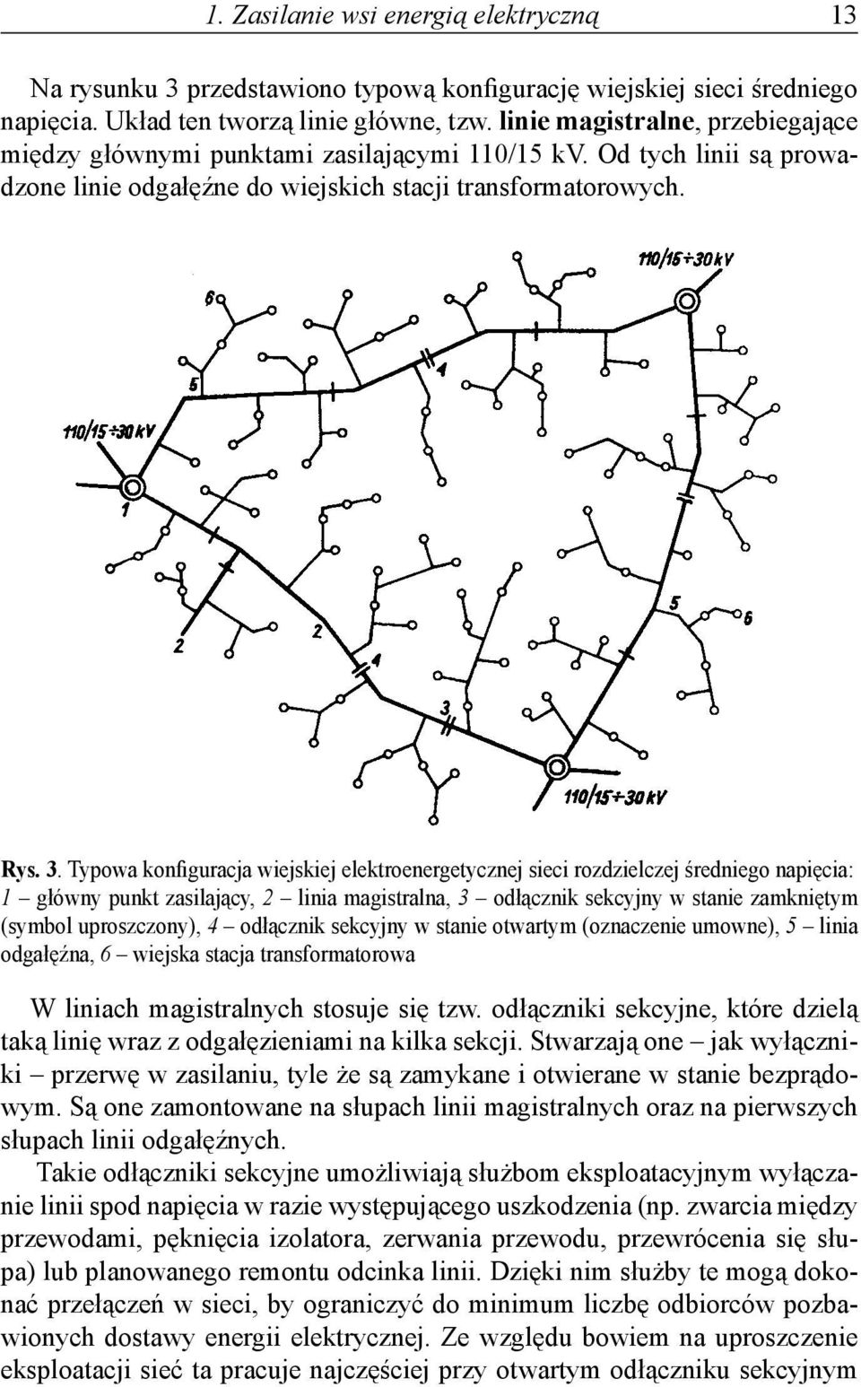Typowa konfiguracja wiejskiej elektroenergetycznej sieci rozdzielczej średniego napięcia: 1 główny punkt zasilający, 2 linia magistralna, 3 odłącznik sekcyjny w stanie zamkniętym (symbol