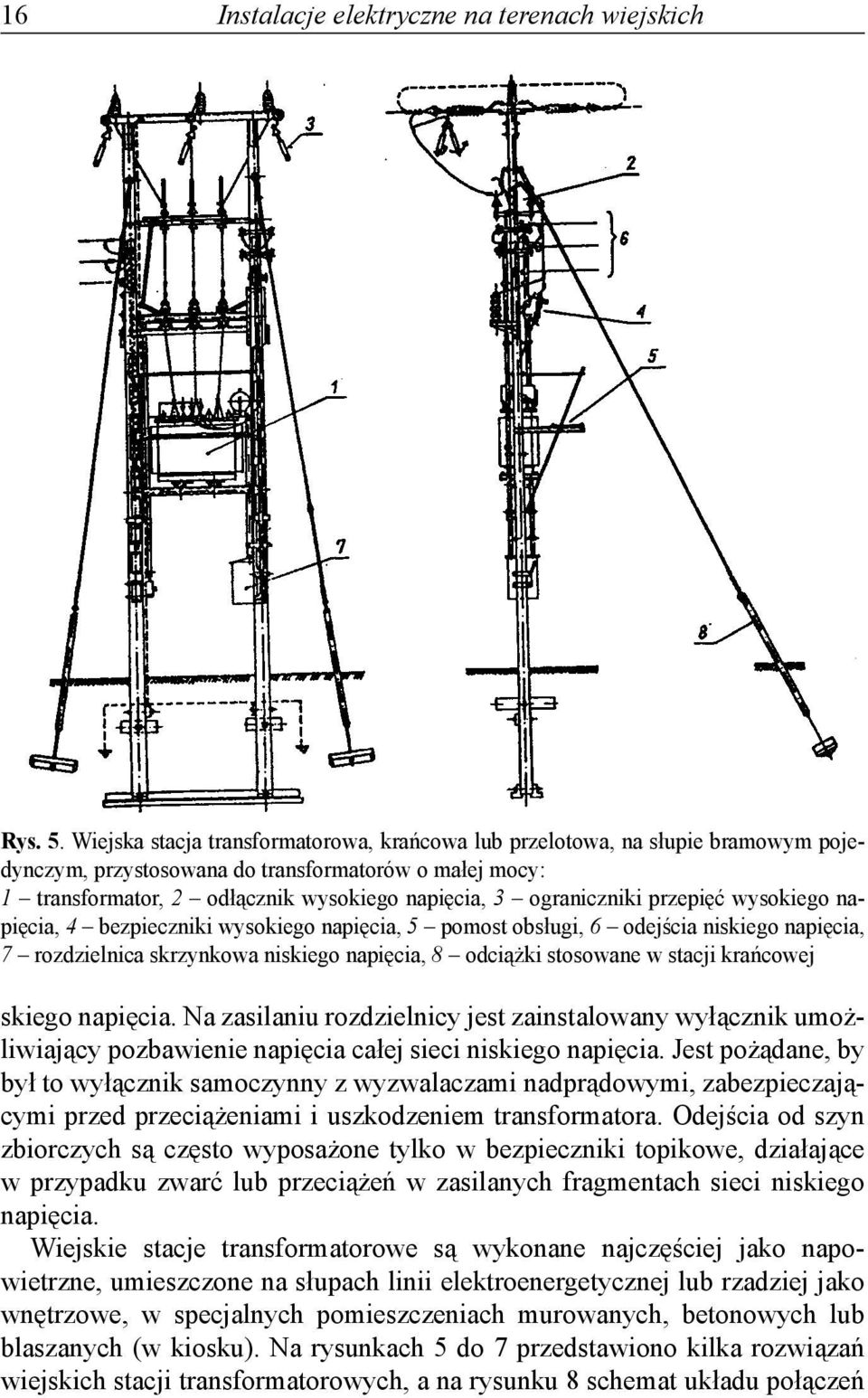 ograniczniki przepięć wysokiego napięcia, 4 bezpieczniki wysokiego napięcia, 5 pomost obsługi, odejścia niskiego napięcia, 7 rozdzielnica skrzynkowa niskiego napięcia, 8 odciążki stosowane w stacji