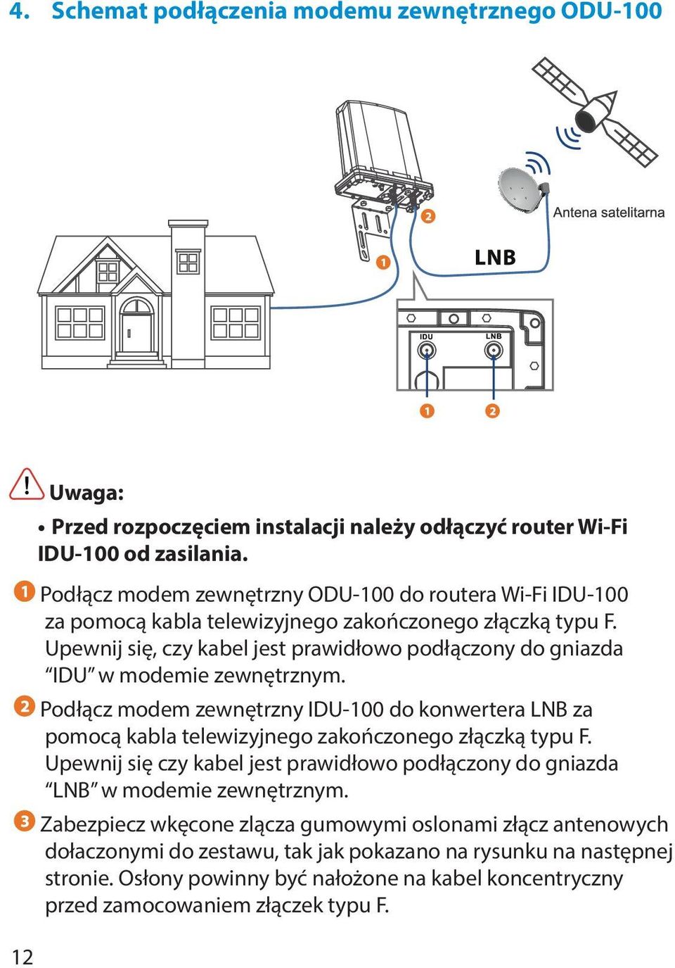 Upewnij się, czy kabel jest prawidłowo podłączony do gniazda IDU w modemie zewnętrznym.