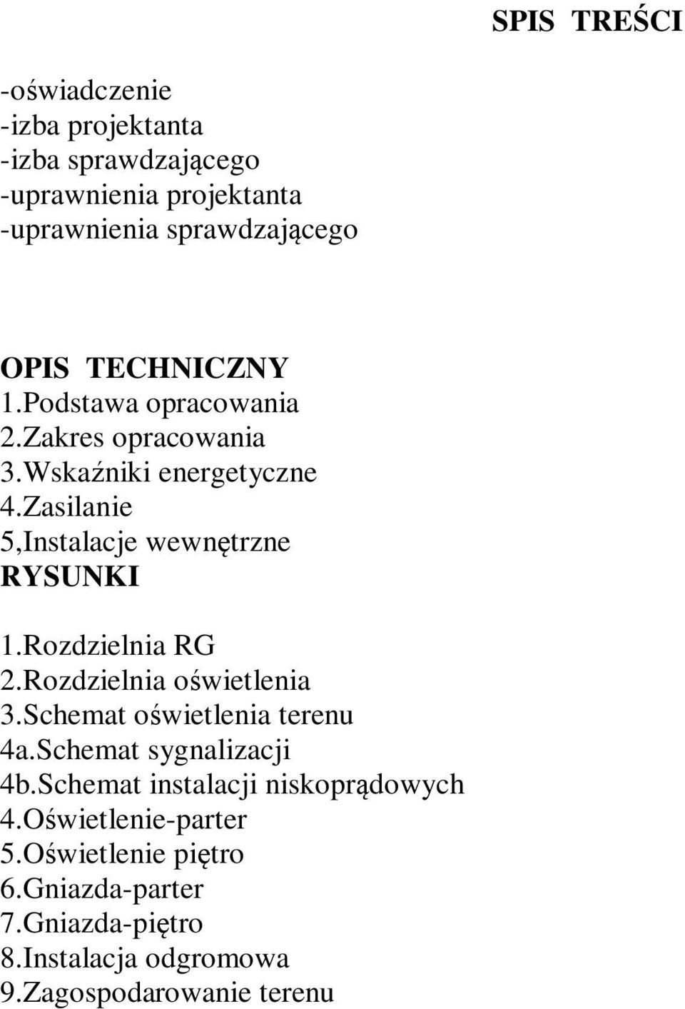 Rozdzielnia RG 2.Rozdzielnia oświetlenia 3.Schemat oświetlenia terenu 4a.Schemat sygnalizacji 4b.