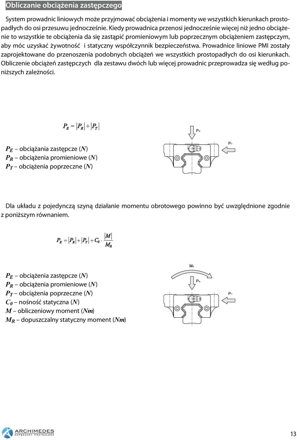 statyczny współczynnik bezpieczeństwa. Prowadnice liniowe PMI zostały zaprojektowane do przenoszenia podobnych obciążeń we wszystkich prostopadłych do osi kierunkach.