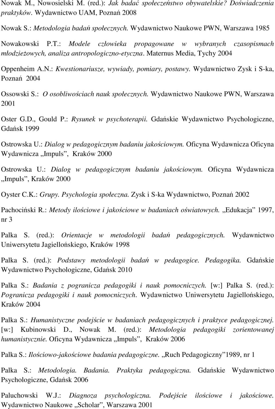 Wydawnictwo Zysk i S-ka, Poznań 2004 Ossowski S.: O osobliwościach nauk społecznych. Wydawnictwo Naukowe PWN, Warszawa 2001 Oster G.D., Gould P.: Rysunek w psychoterapii.