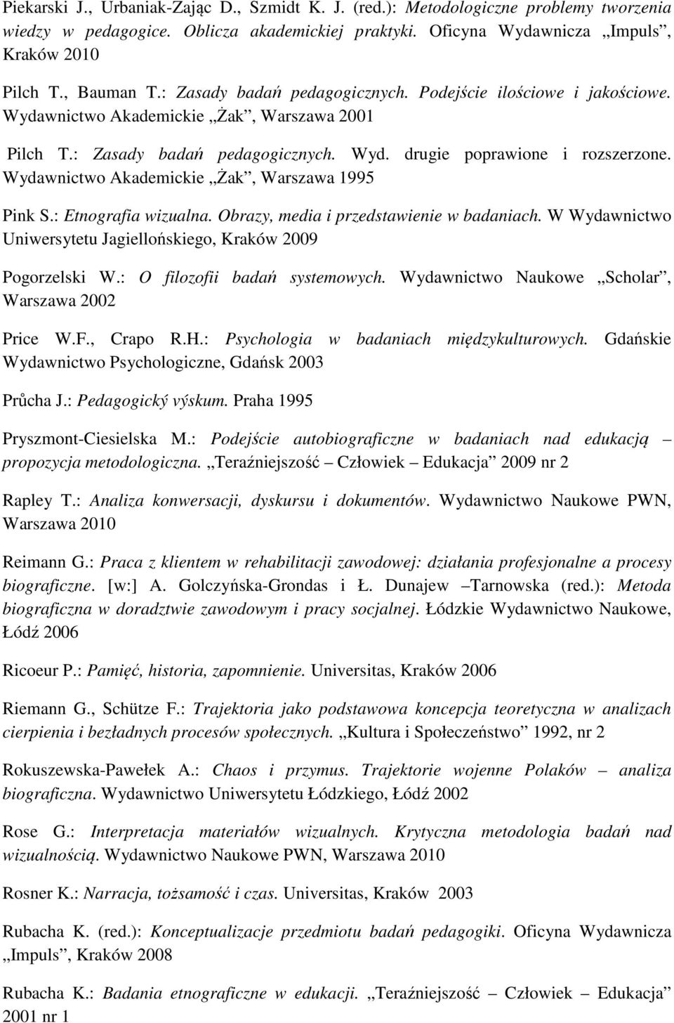 Wydawnictwo Akademickie Żak, Warszawa 1995 Pink S.: Etnografia wizualna. Obrazy, media i przedstawienie w badaniach. W Wydawnictwo Uniwersytetu Jagiellońskiego, Kraków 2009 Pogorzelski W.