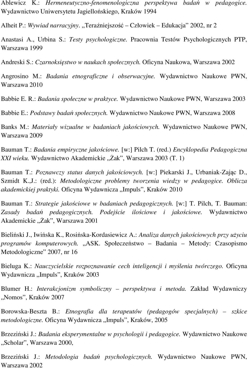 Oficyna Naukowa, Warszawa 2002 Angrosino M.: Badania etnograficzne i obserwacyjne. Wydawnictwo Naukowe PWN, Warszawa 2010 Babbie E. R.: Badania społeczne w praktyce.