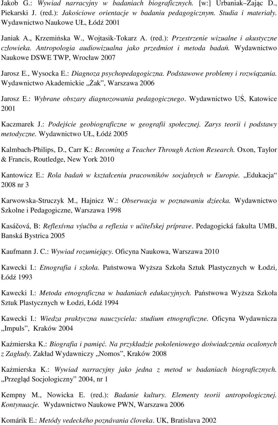 Wydawnictwo Naukowe DSWE TWP, Wrocław 2007 Jarosz E., Wysocka E.: Diagnoza psychopedagogiczna. Podstawowe problemy i rozwiązania. Wydawnictwo Akademickie Żak, Warszawa 2006 Jarosz E.