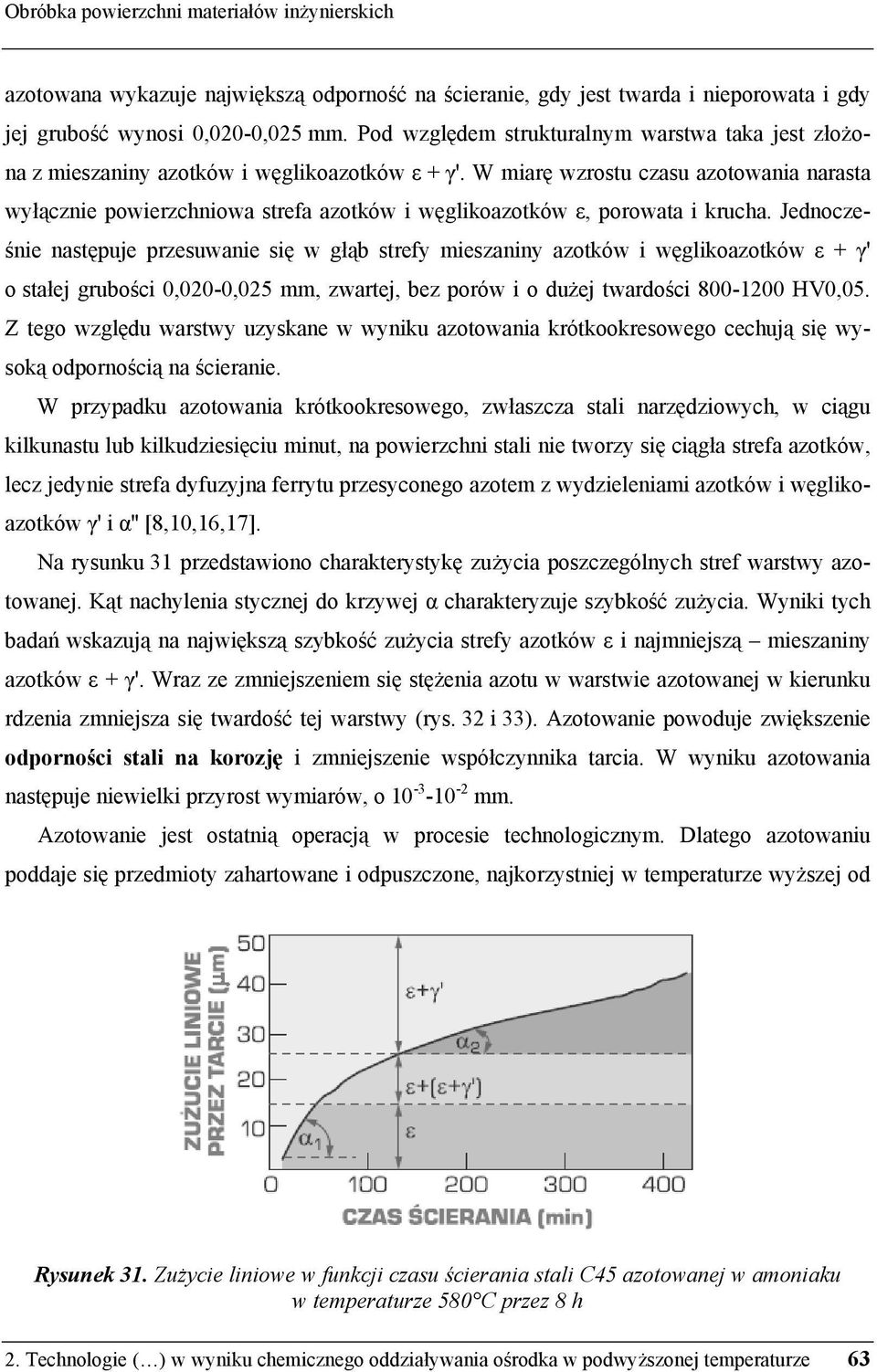 W miarę wzrostu czasu azotowania narasta wyłącznie powierzchniowa strefa azotków i węglikoazotków ε, porowata i krucha.