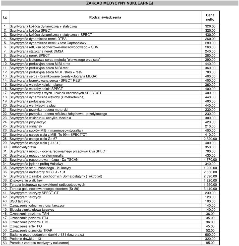 Scyntygrafia statyczna nerek DMSA 240.00 8. Scyntygrafia nerek SPECT 280.00 9. Scyntygrafia izotopowa serca metodą "pierwszego przejścia" 290.00 10. Scyntygrafia perfuzyjna serca MIBI-stres 440.00 11.