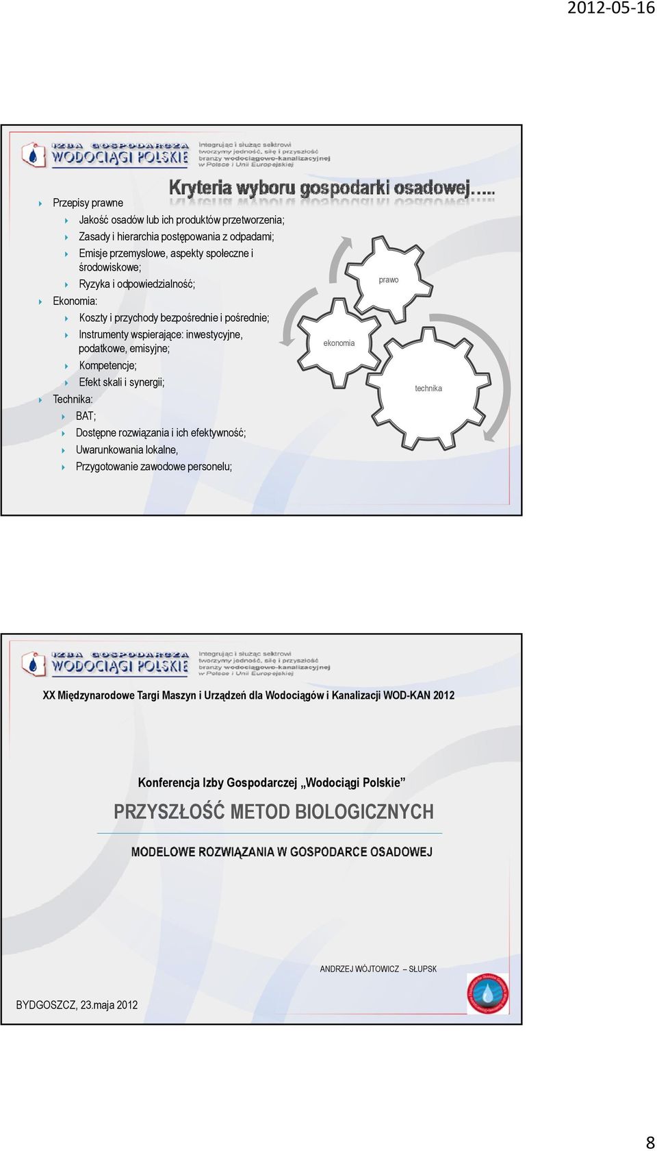 synergii; Technika: BAT; Dostępne rozwiązania i ich efektywność; Uwarunkowania lokalne, Przygotowanie zawodowe personelu; ekonomia prawo technika XX Międzynarodowe Targi