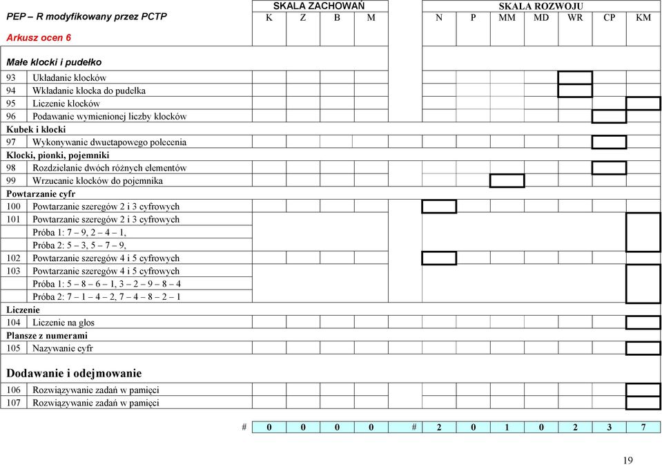 Powtarzanie cyfr 100 Powtarzanie szeregów 2 i 3 cyfrowych 101 Powtarzanie szeregów 2 i 3 cyfrowych Próba 1: 7 9, 2 4 1, Próba 2: 5 3, 5 7 9, 102 Powtarzanie szeregów 4 i 5 cyfrowych 103 Powtarzanie