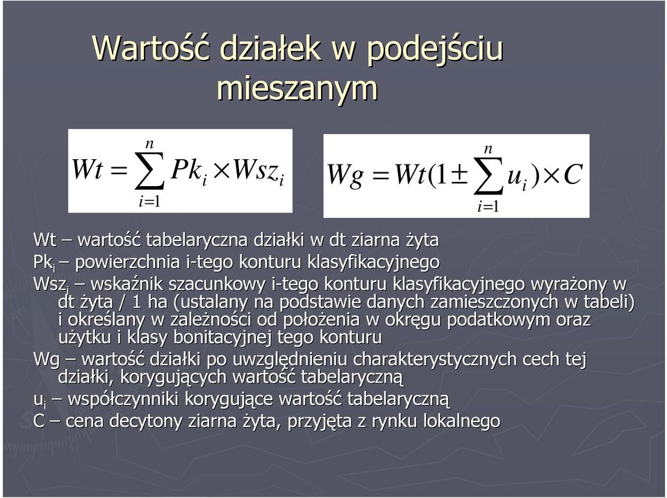 tabeli) i określany w zależno ności od położenia w okręgu podatkowym oraz użytku i klasy bonitacyjnej tego konturu Wg wartość działki po uwzględnieniu