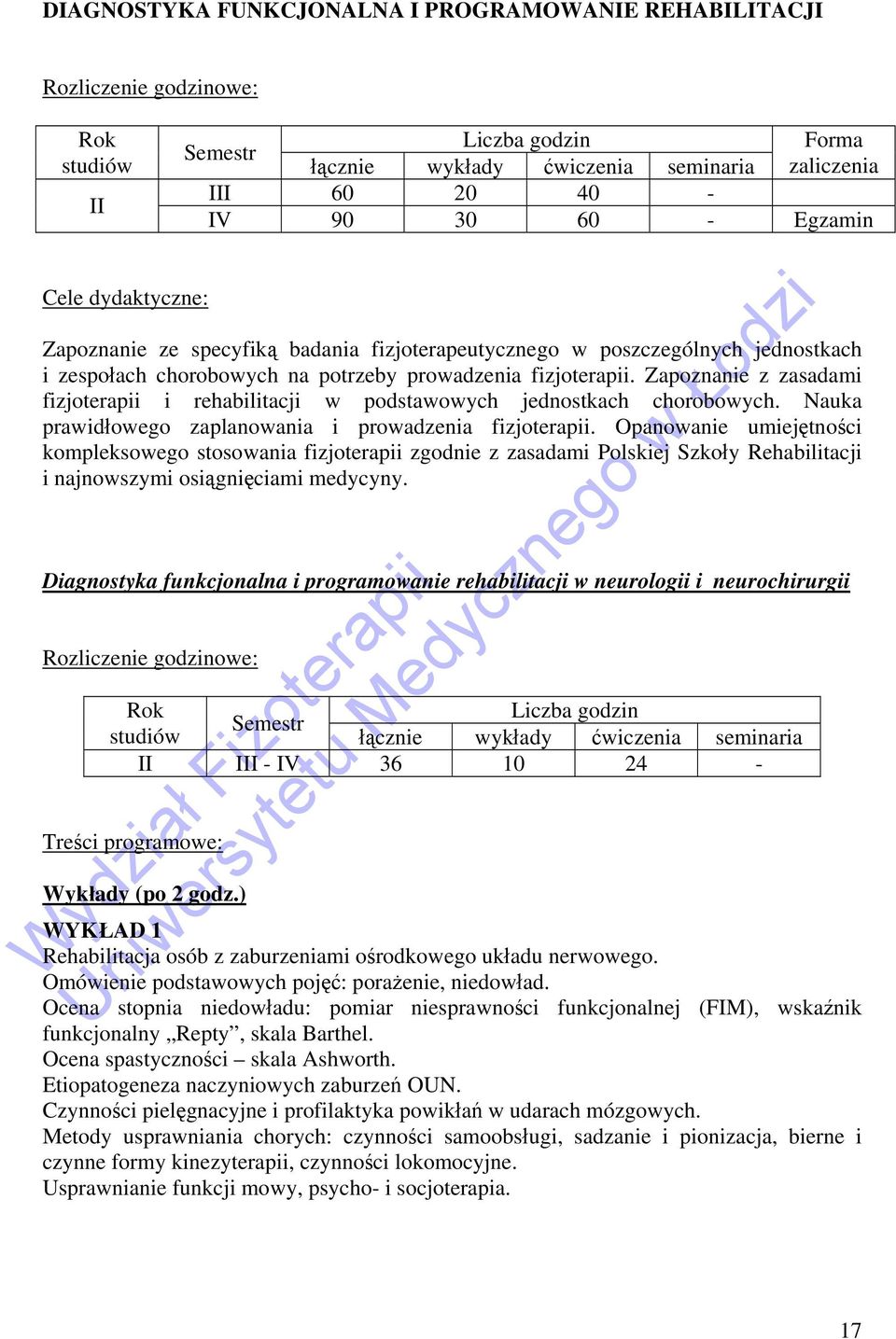 Zapoznanie z zasadami fizjoterapii i rehabilitacji w podstawowych jednostkach chorobowych. Nauka prawidłowego zaplanowania i prowadzenia fizjoterapii.