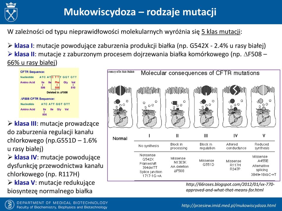 F508 66% u rasy białej) klasa III: mutacje prowadzące do zaburzenia regulacji kanału chlorkowego (np.g551d 1.