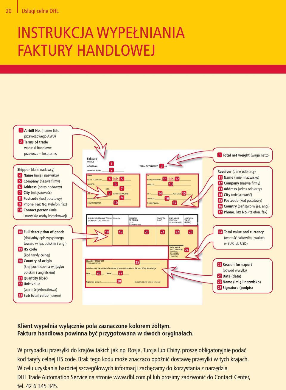(miejscowość) 8 Postcode (kod pocztowy) 9 Phone, Fax No. (telefon, fax) 10 Contact person (imię i nazwisko osoby kontaktowej) 18 Full description of goods (dokładny opis wysyłanego towaru w jęz.