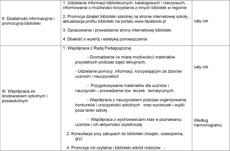 Promocja działań i lioteki szkolnej na stronie internetowej szkoły, aktualizacja profilu biblioteki na portalu www.facebook.pl 3. Opracowanie i prowadzenie strony internetowej biblioteki.