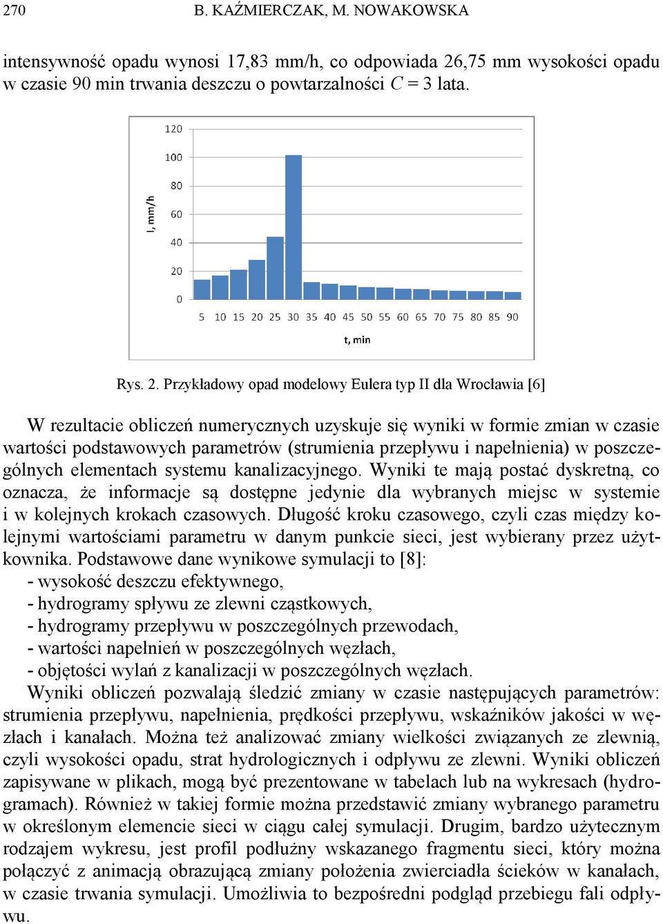 Przykładowy opad modelowy Eulera typ II dla Wrocławia [6] W rezultacie obliczeń numerycznych uzyskuje się wyniki w formie zmian w czasie wartości podstawowych parametrów (strumienia przepływu i