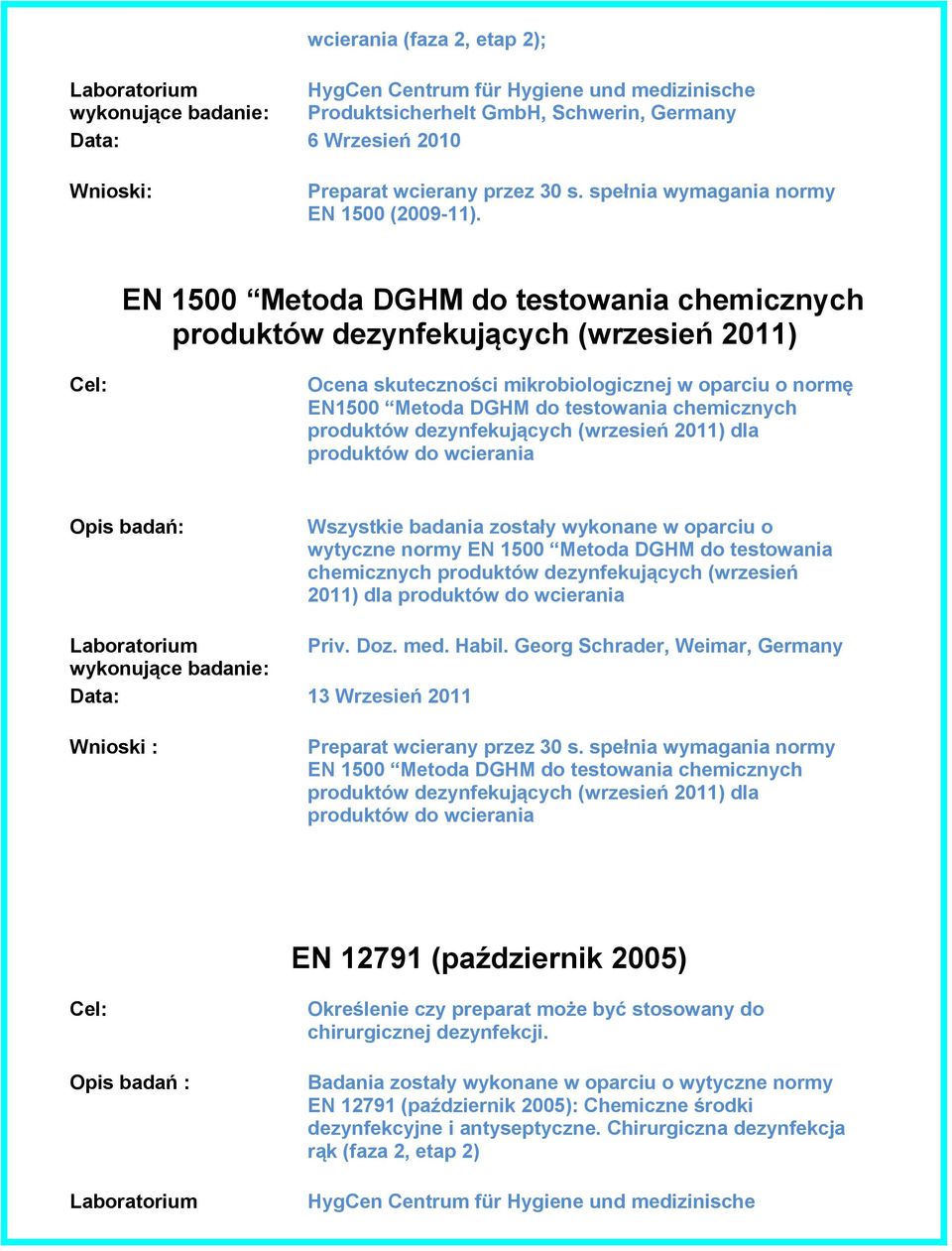 wcierania Opis badań: Wszystkie badania zostały wykonane w oparciu o wytyczne normy EN 1500 Metoda DGHM do testowania chemicznych produktów dezynfekujących (wrzesień 2011) dla produktów do wcierania