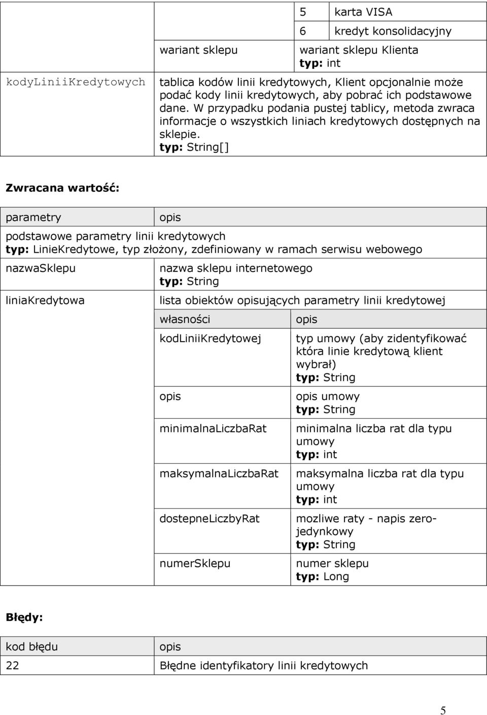 [] Zwracana wartość: parametry podstawowe parametry linii kredytowych LinieKredytowe, typ złożony, zdefiniowany w ramach serwisu webowego nazwasklepu liniakredytowa nazwa sklepu internetowego lista