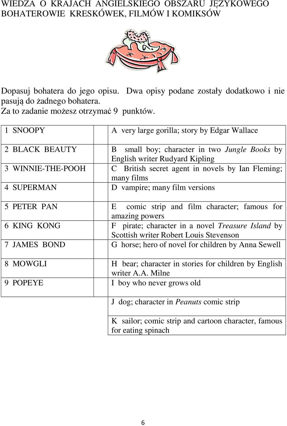 1 SNOOPY A very large gorilla; story by Edgar Wallace 2 BLACK BEAUTY B small boy; character in two Jungle Books by English writer Rudyard Kipling 3 WINNIE-THE-POOH C British secret agent in novels by