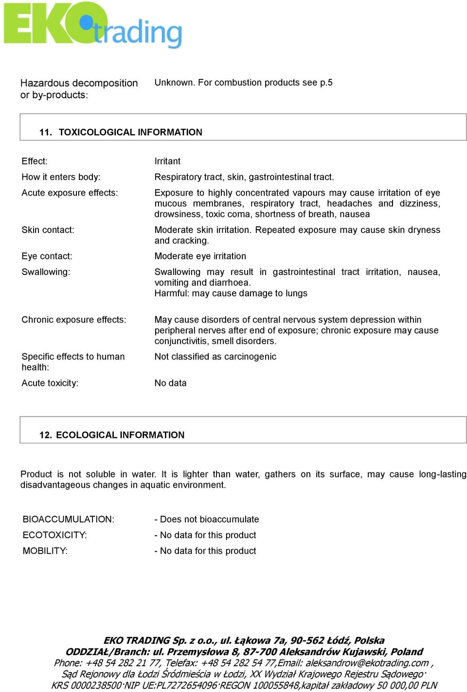 Irritant Respiratory tract, skin, gastrointestinal tract.