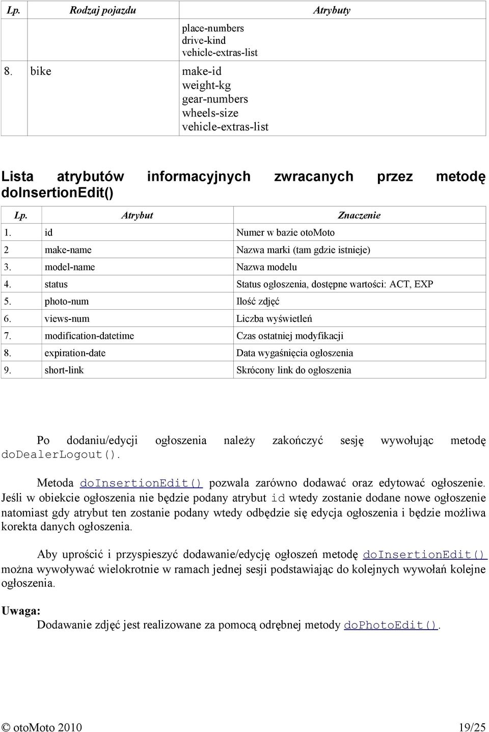 id Numer w bazie otomoto 2 make-name Nazwa marki (tam gdzie istnieje) 3. model-name Nazwa modelu 4. status Status ogłoszenia, dostępne wartości: ACT, EXP 5. photo-num Ilość zdjęć 6.