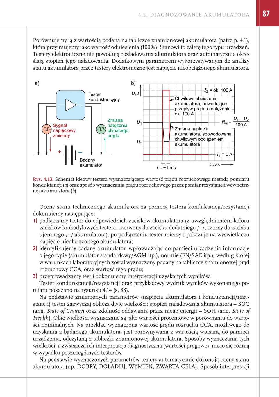 Dodatkowym parametrem wykorzystywanym do analizy stanu akumulatora przez testery elektroniczne jest napięcie nieobciążonego akumulatora. Rys. 4.13.