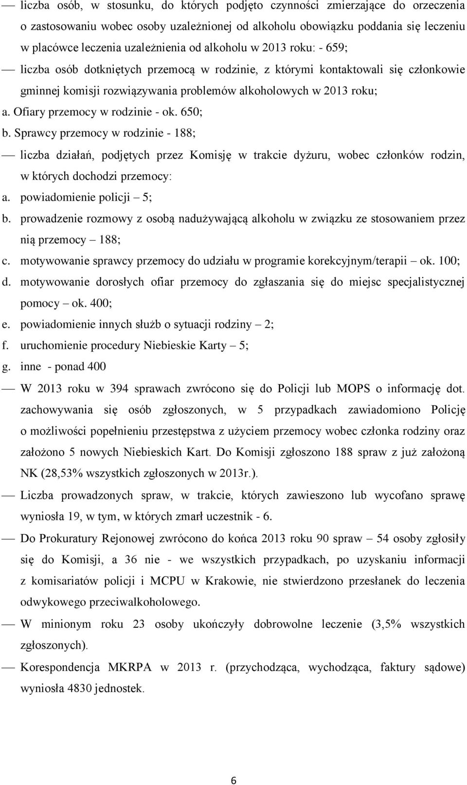 Ofiary przemocy w rodzinie - ok. 650; b. Sprawcy przemocy w rodzinie - 188; liczba działań, podjętych przez Komisję w trakcie dyżuru, wobec członków rodzin, w których dochodzi przemocy: a.