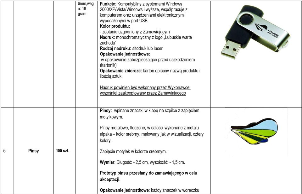 przed uszkodzeniem (kartonik), Opakowanie zbiorcze: karton opisany nazwą produktu i wcześniej zaakceptowany przez Zamawiającego Pinsy: wpinane znaczki w klapę na szpilce z zapięciem motylkowym.