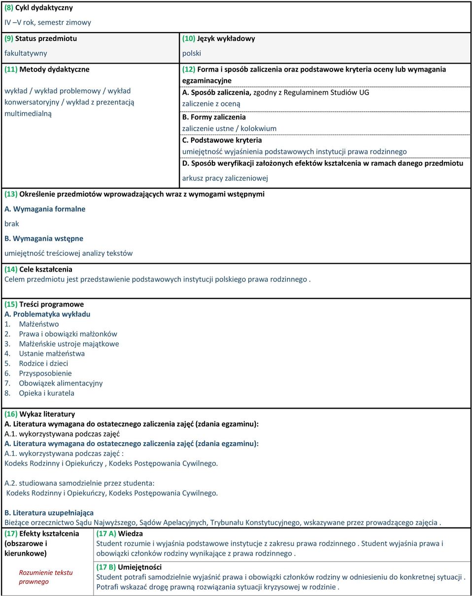 Formy zaliczenia zaliczenie ustne / kolokwium C. Podstawowe kryteria umiejętność wyjaśnienia podstawowych instytucji prawa rodzinnego D.