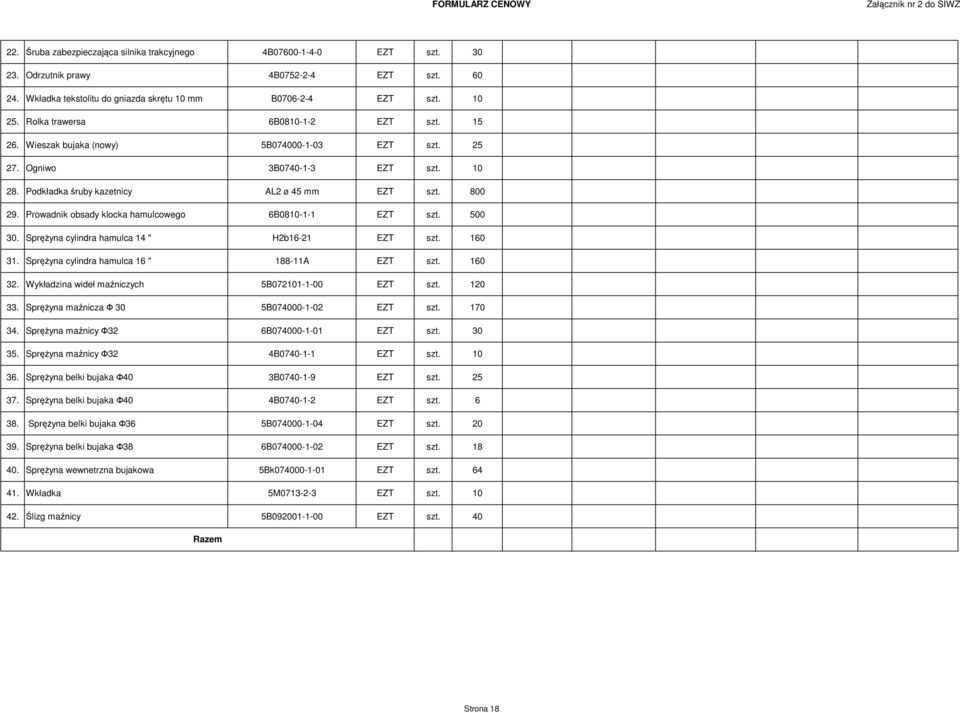 Podkładka śruby kazetnicy AL2 ø 45 mm EZT szt. 800 29. Prowadnik obsady klocka hamulcowego 6B0810-1-1 EZT szt. 500 30. Sprężyna cylindra hamulca 14 " H2b16-21 EZT szt. 160 31.
