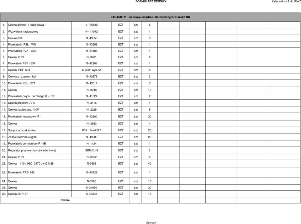 Cewka PSF 534 N 3293 wyk.5a EZT szt 6 9. Cewka z rdzeniem kpl. N- 42672 EZT szt 2 10. Przekaźnik PSL - 277 N- 43511 EZT szt 3 11. Cewka N- 3948 EZT szt 12 12.