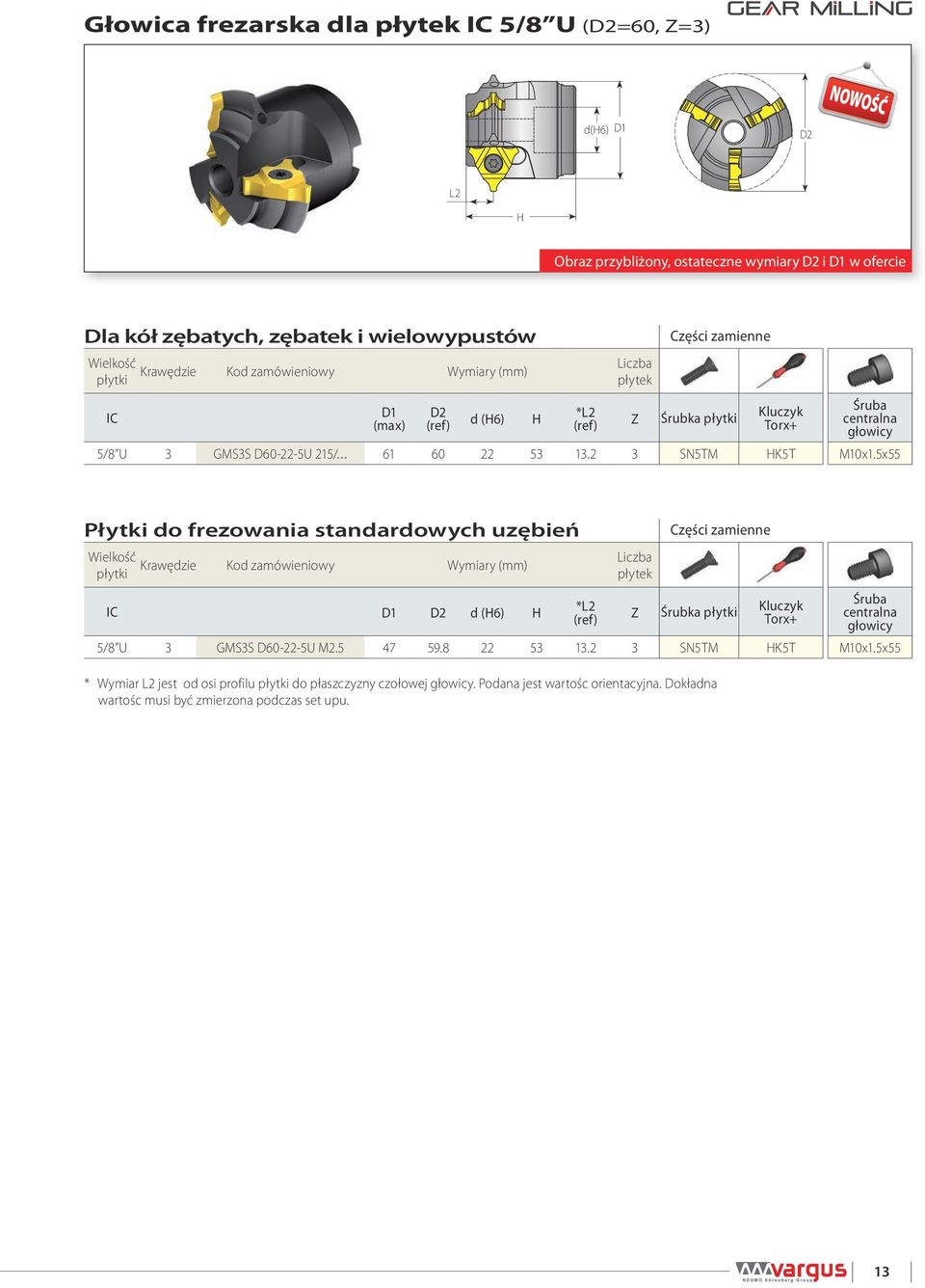 x Płytki do frezowania standardowych uzębień Części zamienne d (6) /8 U 3 GMS3S D60-22-U M2. 47 9.8 22 3 13.