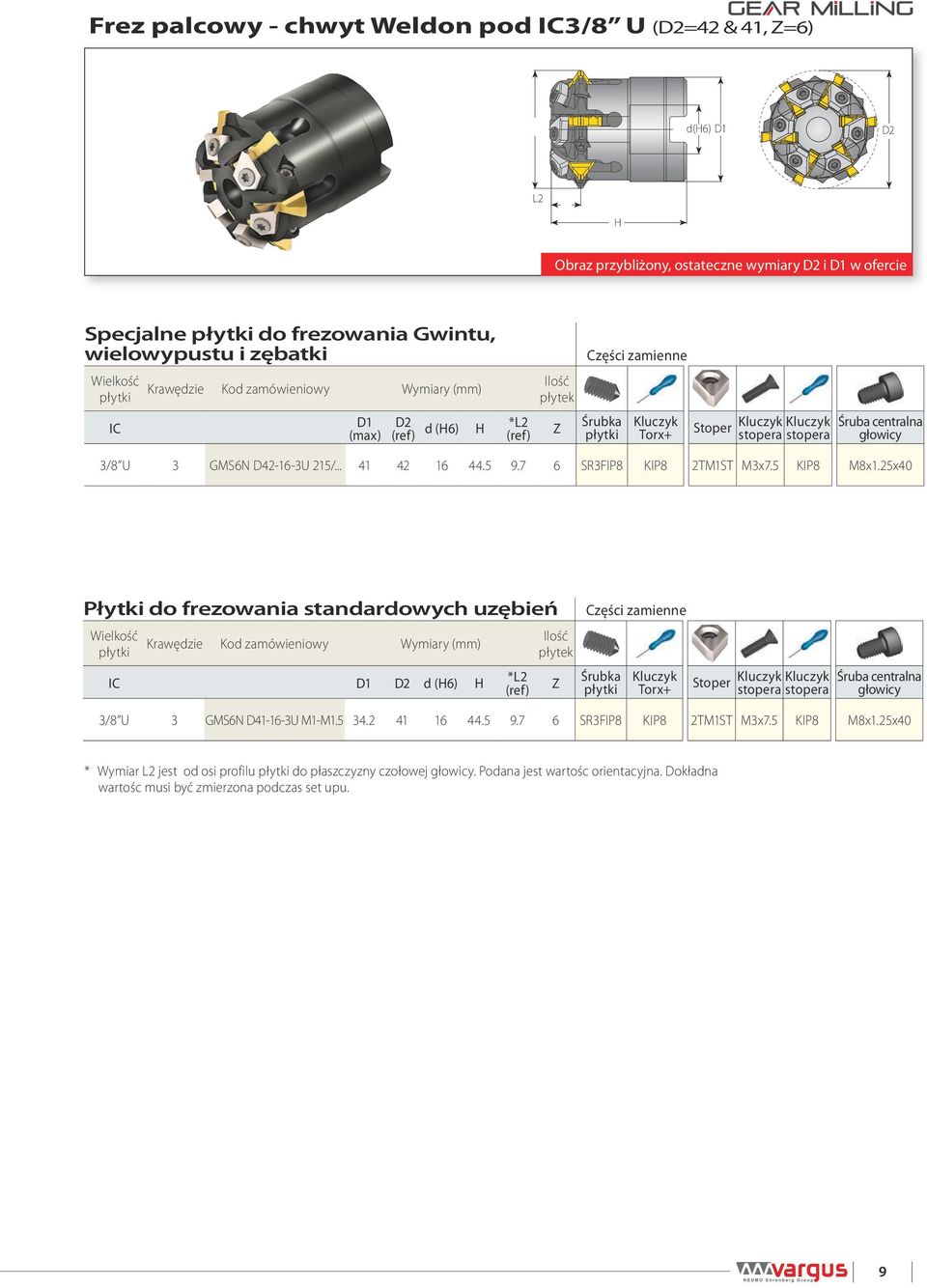 2x40 Płytki do frezowania standardowych uzębień Części zamienne d (6) Ilość 3/8 U 3 GMS6N D41-16-3U M1-M1. 34.2 41 16 44. 9.