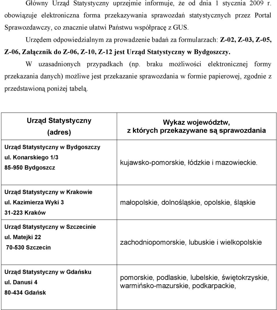 Urzędem odpowiedzialnym za prowadzenie badań za formularzach: Z-02 Z-03 Z-05 Z-06 Załącznik do Z-06 Z-10 Z-12 jest Urząd Statystyczny w Bydgoszczy. W uzasadnionych przypadkach (np.