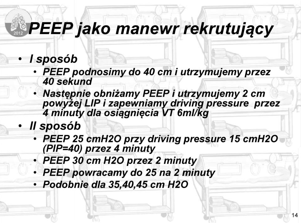 minuty dla osiągnięcia VT 6ml/kg II sposób PEEP 25 cmh2o przy driving pressure 15 cmh2o (PIP=40)