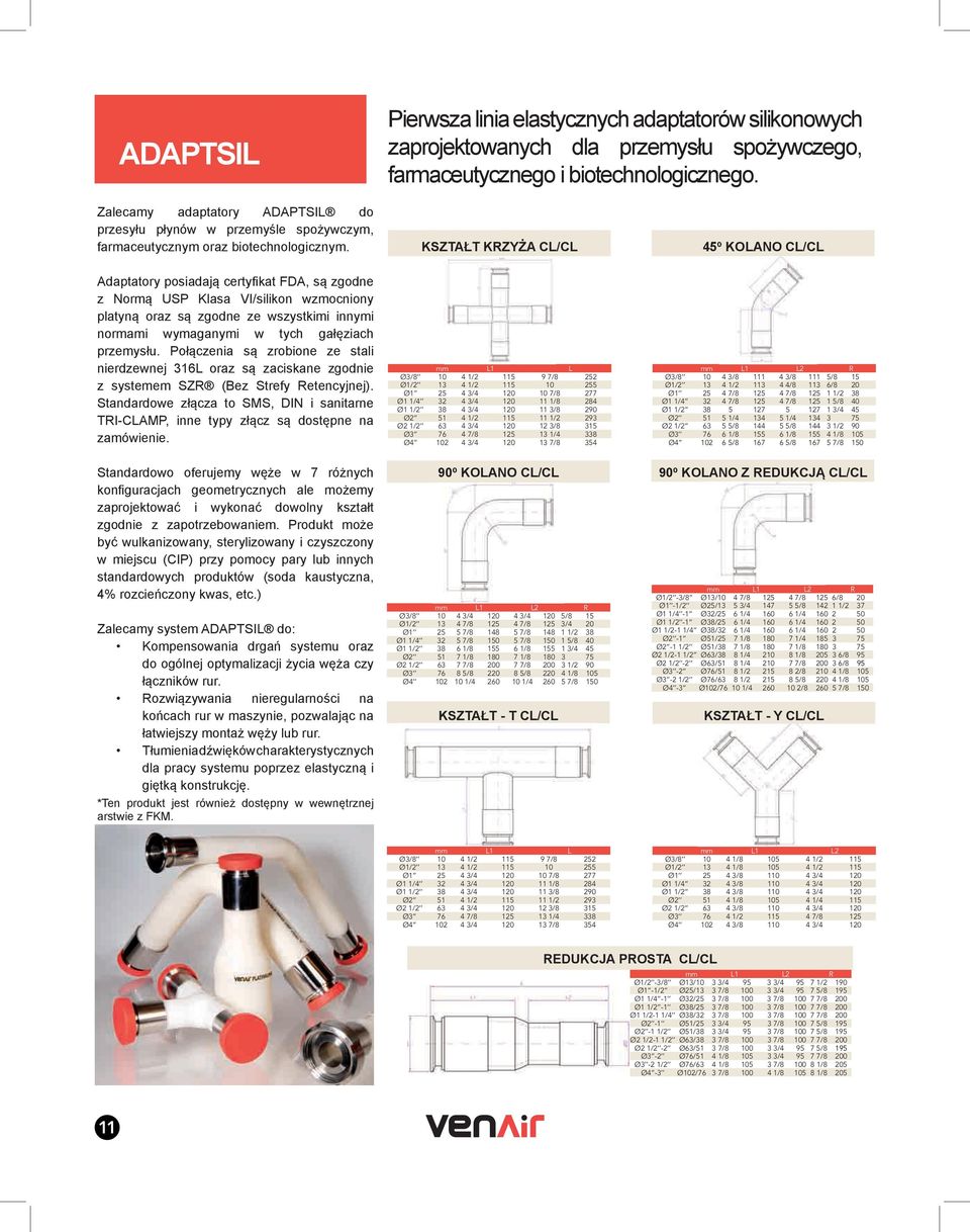 KSZTAŁT KRZYŻA CL/CL 45º KOLANO CL/CL Adaptatory posiadają certyfikat FDA, są zgodne z Normą USP Klasa VI/silikon wzmocniony platyną oraz są zgodne ze wszystkimi innymi normami wymaganymi w tych