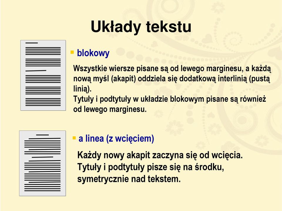 Tytuły i podtytuły w układzie blokowym pisane są również od lewego marginesu.