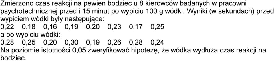 Wyniki (w sekundach) przed wypiciem wódki były następujące: 0, 0,18 0,16 0,19 0,0 0,3 0,17