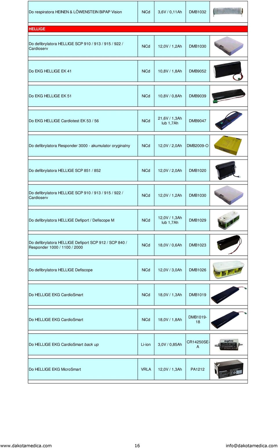 Do defibrylatora HELLIGE SCP 851 / 852 12,0V / 2,0Ah DMB1020 Do defibrylatora HELLIGE SCP 910 / 913 / 915 / 922 / Cardioserv 12,0V / 1,2Ah DMB1030 Do defibrylatora HELLIGE Defiport / Defiscope M